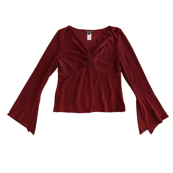 Xscape Blouse Womens Large Flared Sleeve Pullover Twist Knot Red Sparkle Top - Picture 1 of 14